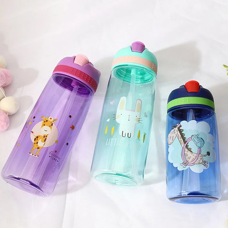

1Pcs Straw Cups Water Bottle Portable Cute Cartoon 480ML for Sport Hiking Climbing BPA Free Transparent Leak Proof