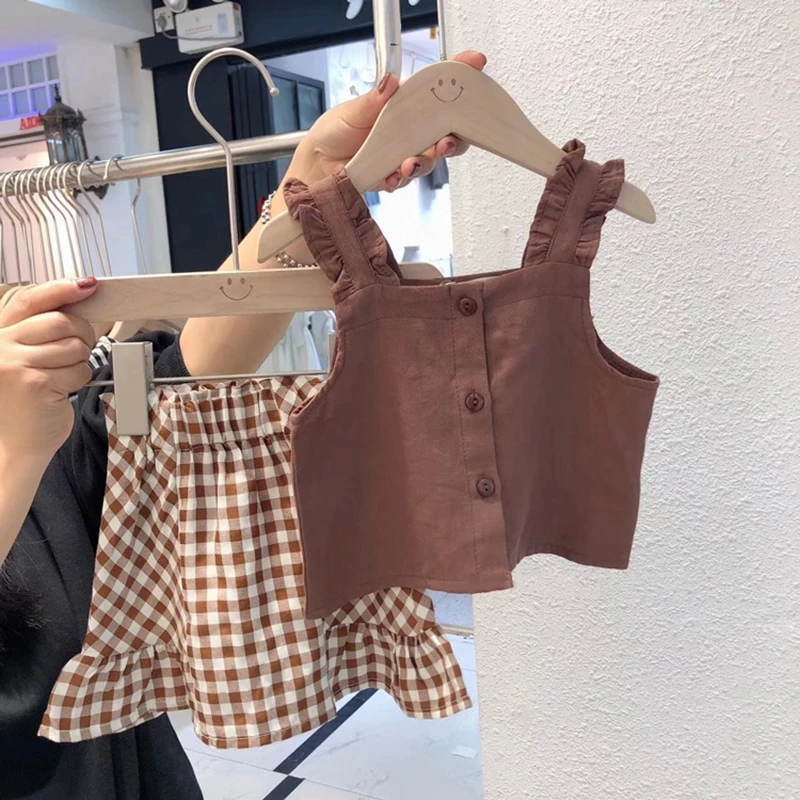 Милый костюм для девочек топ без рукавов + клетчатая юбка из двух предметов