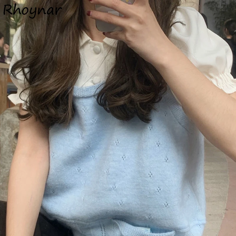 

Sweater Vest Women Summer Blue Girls Kawaii Simple Solid Square Collar Design Streetwear Basic Female Clothing Minimalist Retro