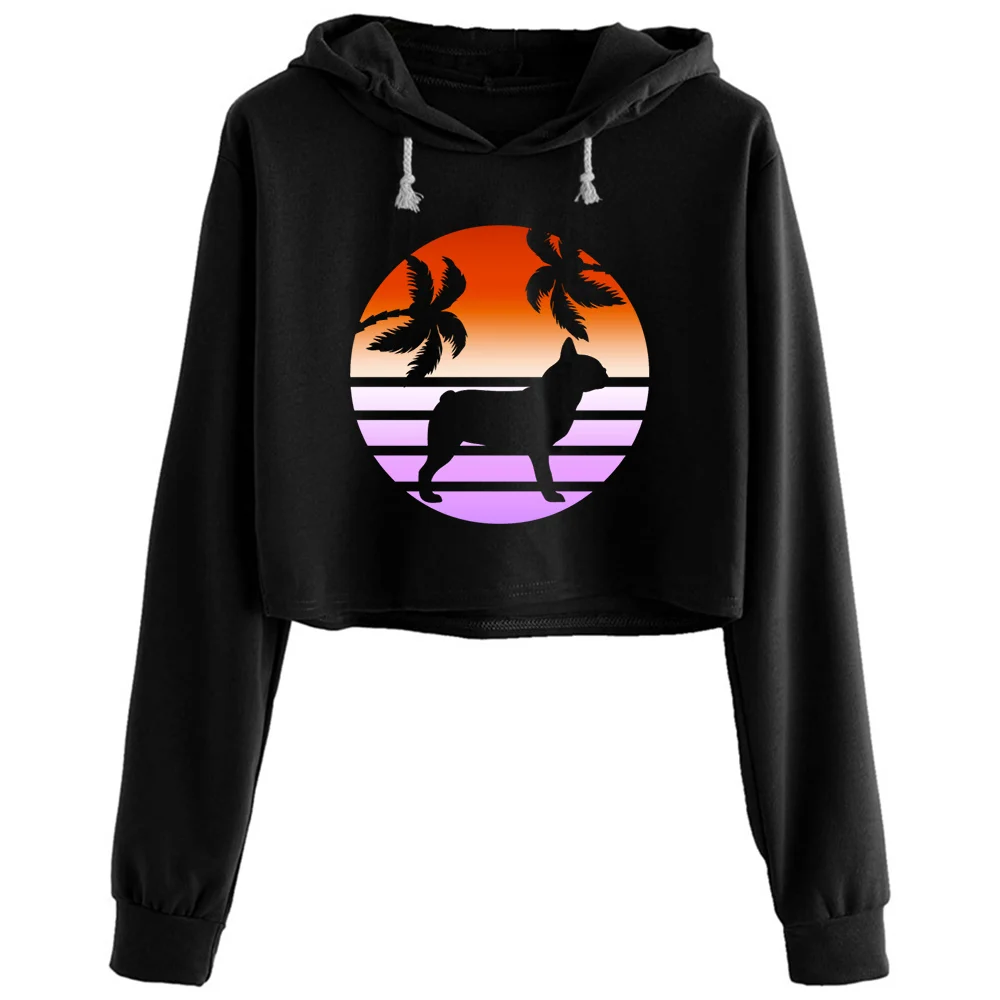 

French Bulldog Crop Hoodies Women Korean Y2k Kawaii Goth Pullover For Girls