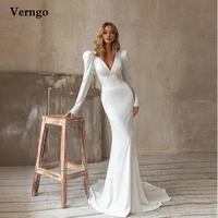 verngo modern mermaid long sleeves wedding dresses v neck lace applique full closed back sweep train bridal gowns 2021