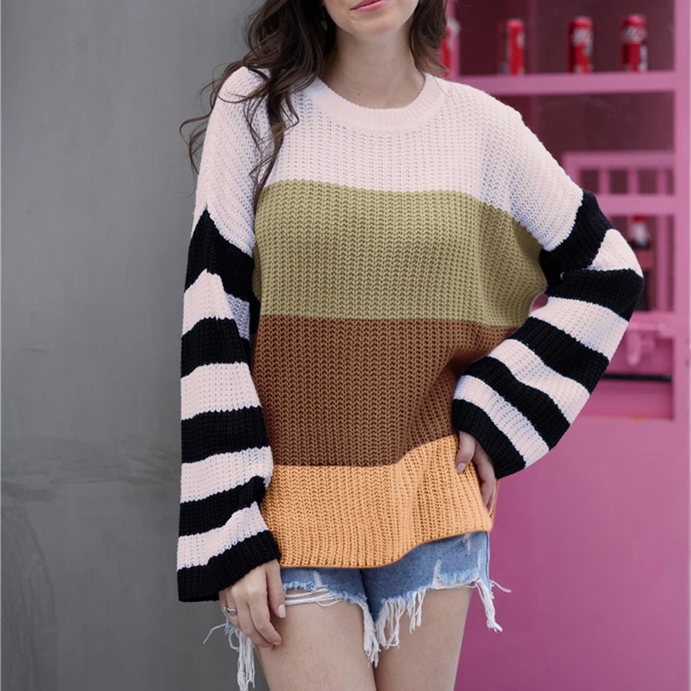 Осенне-зимний вязаный свитер в полоску женские свитера и пуловеры стиле пэчворк