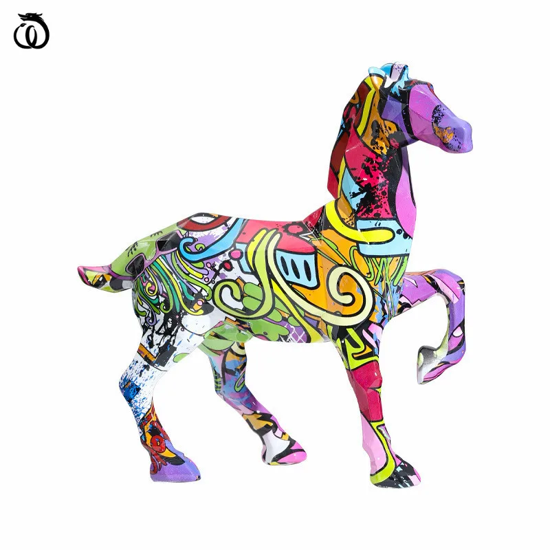 

Художественная Скульптура с рисунком лошади, домашний декор, абстрактные красочные геометрические статуи животных, ремесло, Современное у...