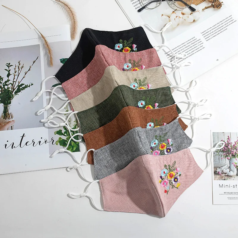 

Элегантная женская маска для рта с цветочной вышивкой, мягкая хлопковая Пылезащитная маска для лица, многоразовая моющаяся дышащая маска д...