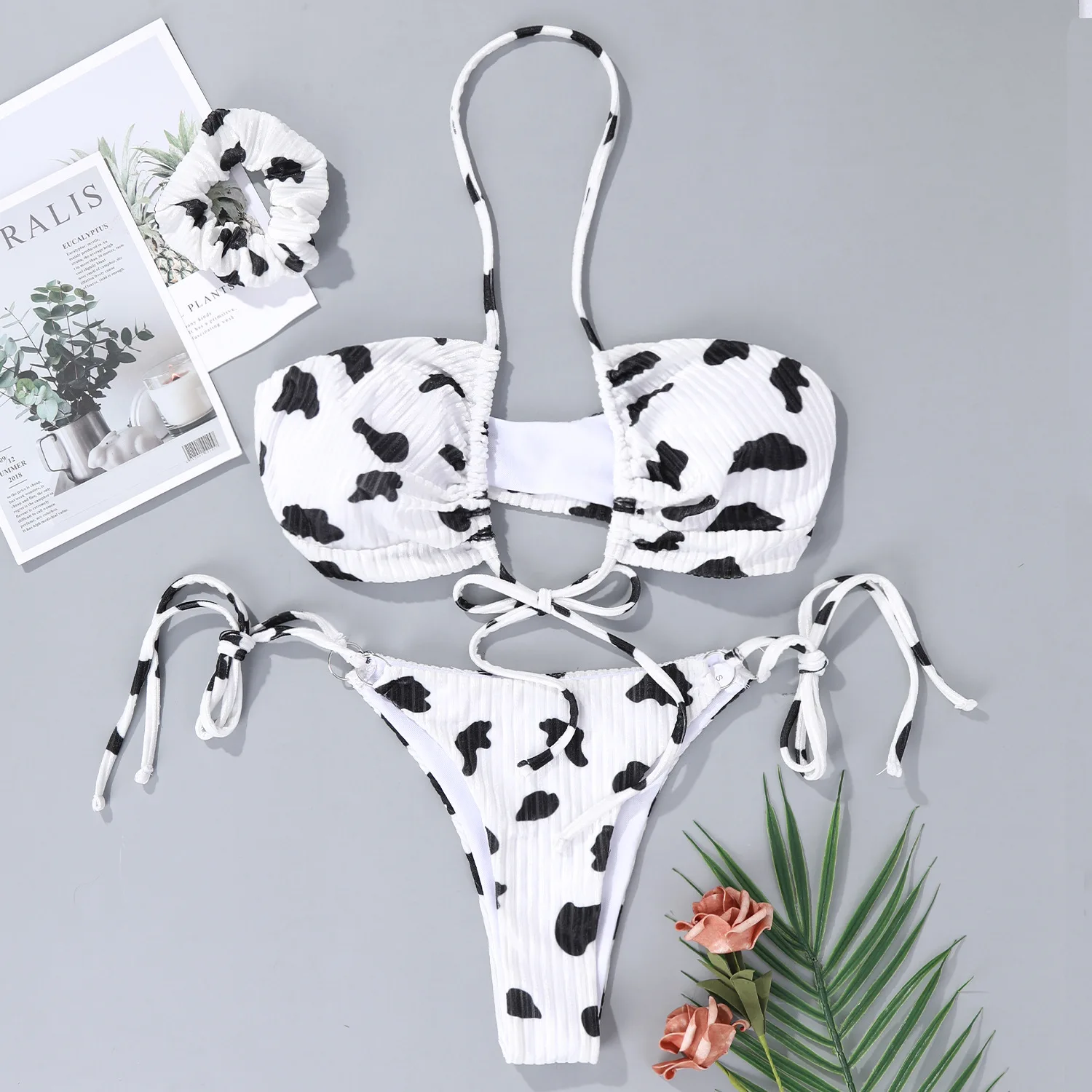 

Velvet Swimming Suit for Women High Waist bikini Bathing Suit Women Two Piece Bikini Cow Neck Tie Split Swimsuit