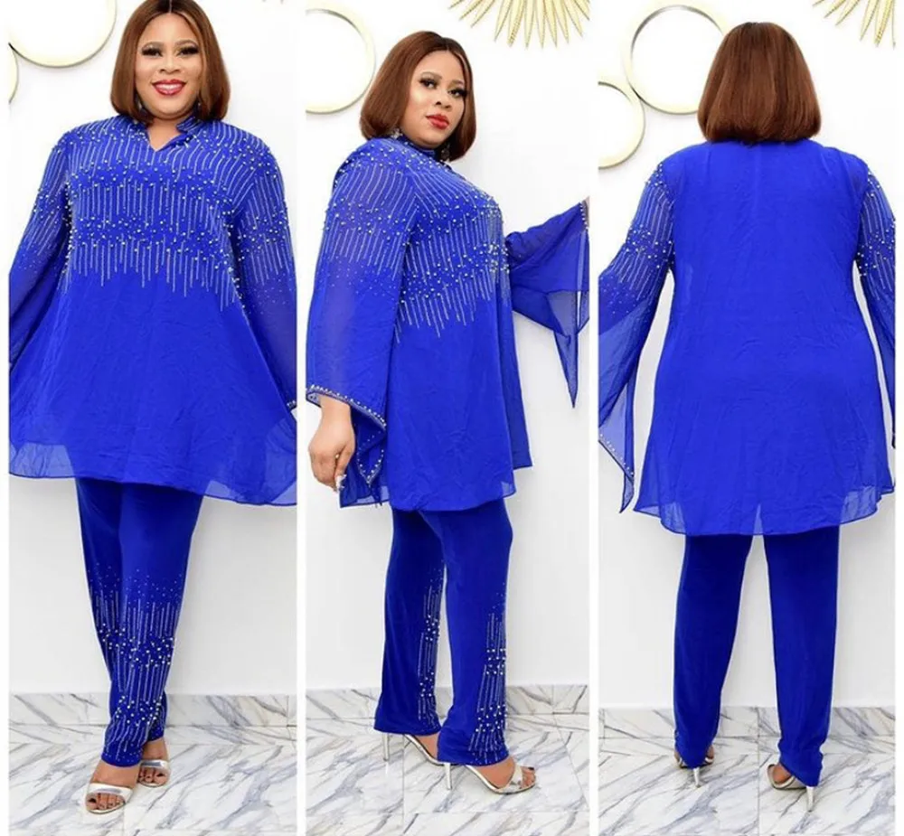 

Two Piece Set African Dashiki New Fashion Chiffon Top Trousers Suit Party Dresses For Women Outfits Plus Size Africa Clothes