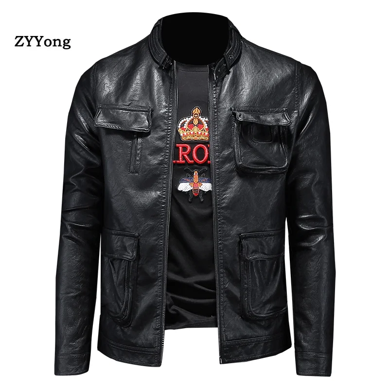 2020 Men Leather Jacket Casual Vintage Outfit Fashion Zipper Pocket Design Cool Motorcycle Bomber Jacket Black White PU Coat