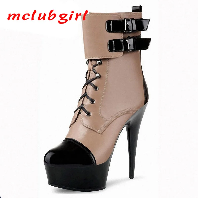 

Mgirlclub Belt Buckle Decorative Balcony Matching Color 15cm Super High Heel Slim Lace Boots Casual Women's Low Boots LYP