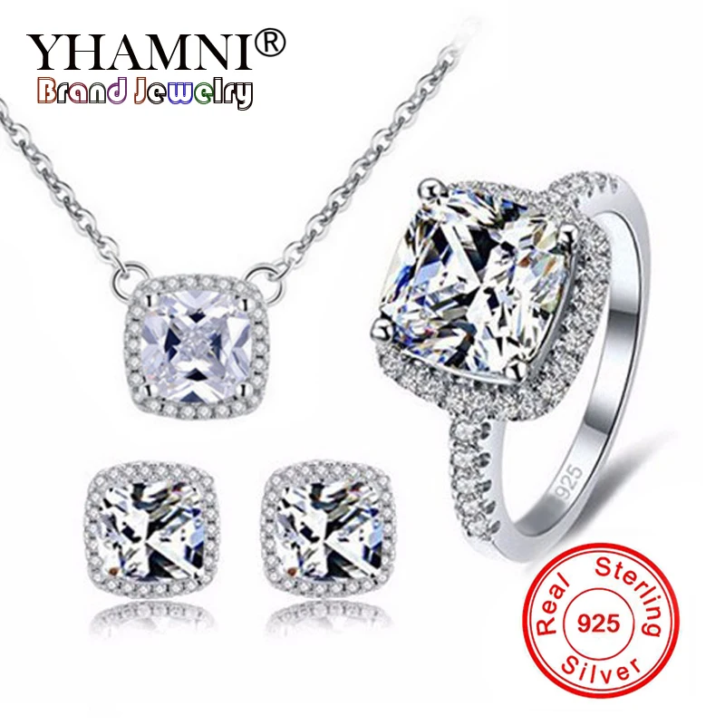YHAMNI Настоящее серебро 925 Пробы Ювелирные наборы с S925 штампом 3ct CZ Диамант кольцо ожерелье серьги свадебный ювелирный набор YS033