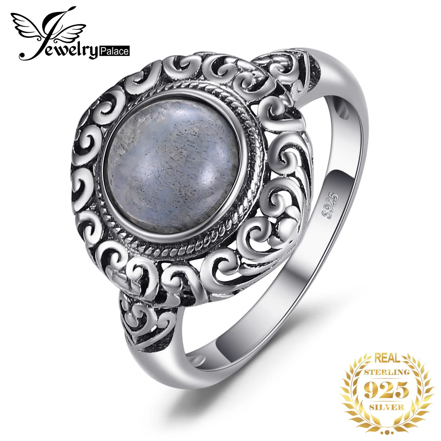 JewelryPalace Винтаж 1.8ct натуральный Лабрадорит резные Пасьянс палец кольцо 925 пробы