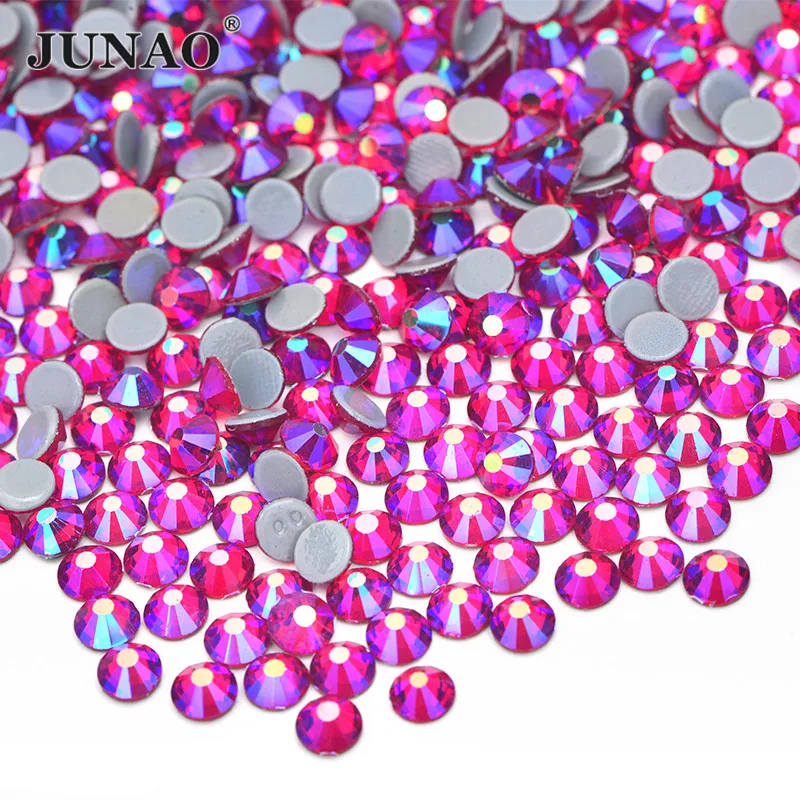 

JUNAO SS6 8 10 12 16 20 30 Fuchsia AB Glass Crystal Hot Fix Rhinestones Stones Flatback Iron On Crystal Strass For Clothes