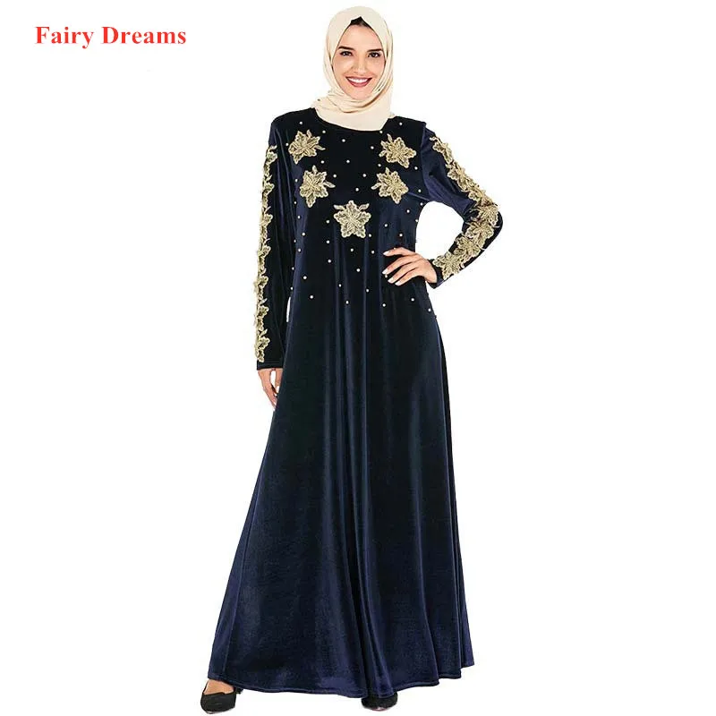 Бархат абайя Пакистан Дубай Турция Бангладеш мусульманская одежда бисером синий