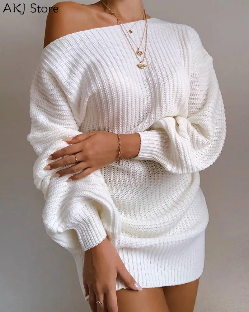 Women Fashion Casual One Shoulder Lantern Sleeve Knitted Sweater Dress Женская одежда