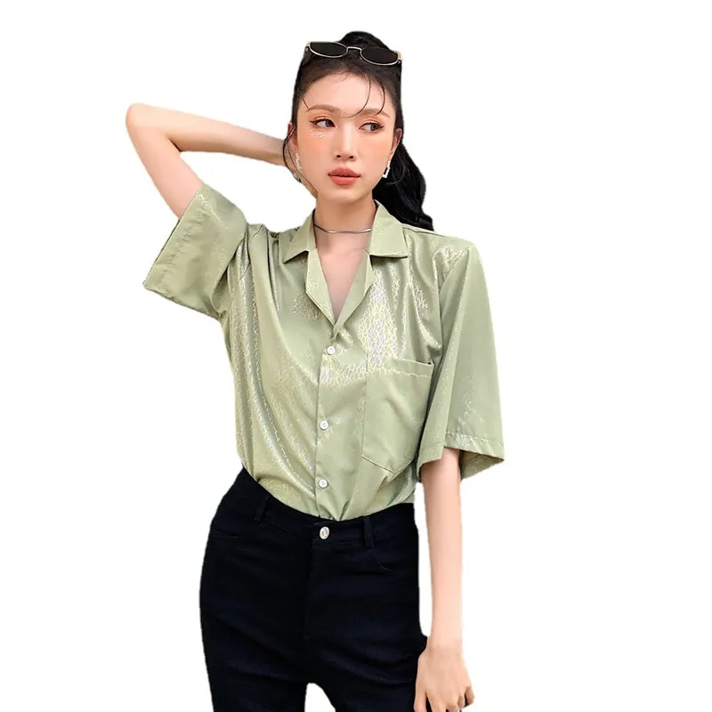 

2021 summer new style suit collar macarons silver short-sleeved shirt women's fashion loose all-match shirt tops