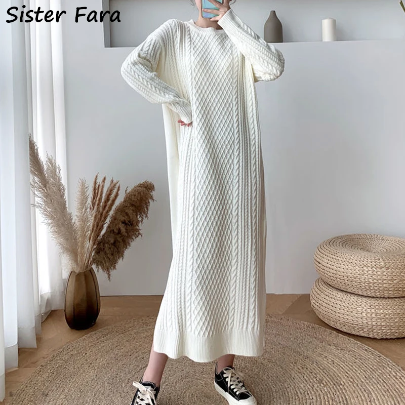 

Sister Fara Autumn Winter Knitting Long Dress Female Split Casual O-Neck Loose Warm Solid Long Sleeve Sweater Dresses for Women