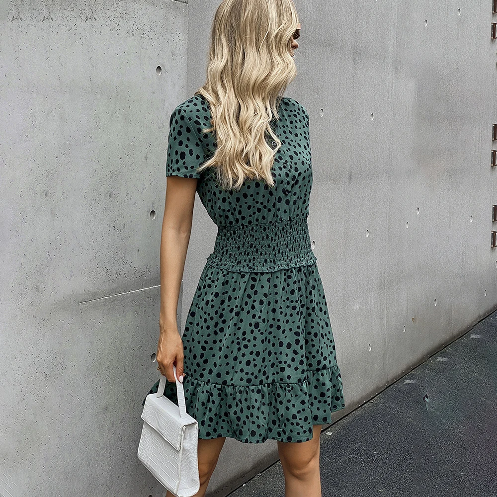 

2021 Dress Summer Dot Print Casual Ruffle Short Sleeve Women Mini Dresses Buttons Waisted Purple Chiffon Dress Womens Clothes