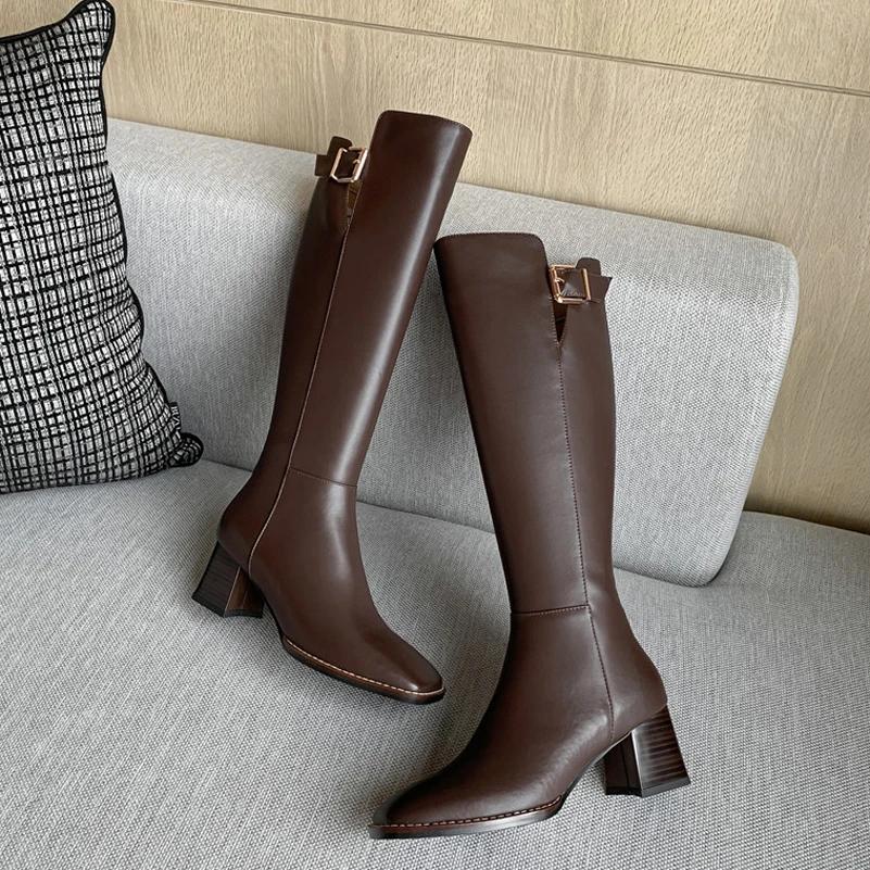 

Meotina Buckle Genuine Leather High Heel Knee High Boots Women Shoes Square Toe Zip Thick Heels Ladies Long Boots Autumn Winter