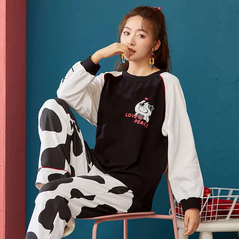 

Cotton Pajamas Suit 2PCS Nightwear Lady Nightgown Sleep Set Homewear Patchwork Print Cow Sleepwear Intimate Lingerie Shirt&Pants