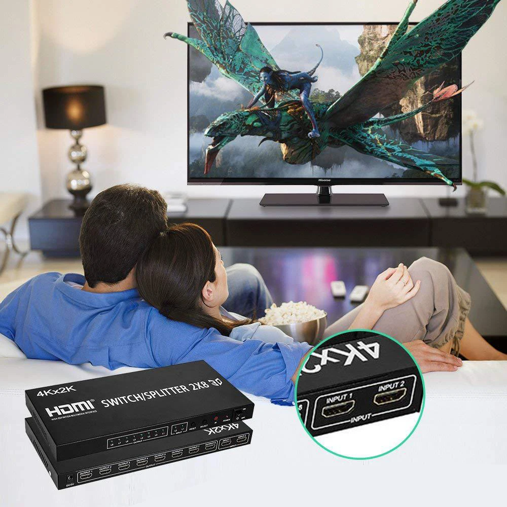 

4K 3D 2X8 HDMI Switch Splitter 1080p Audio Video Converter Multi 2 In 8 Out for PS4 DVD Computer PC Security Monitor To TV HDTV