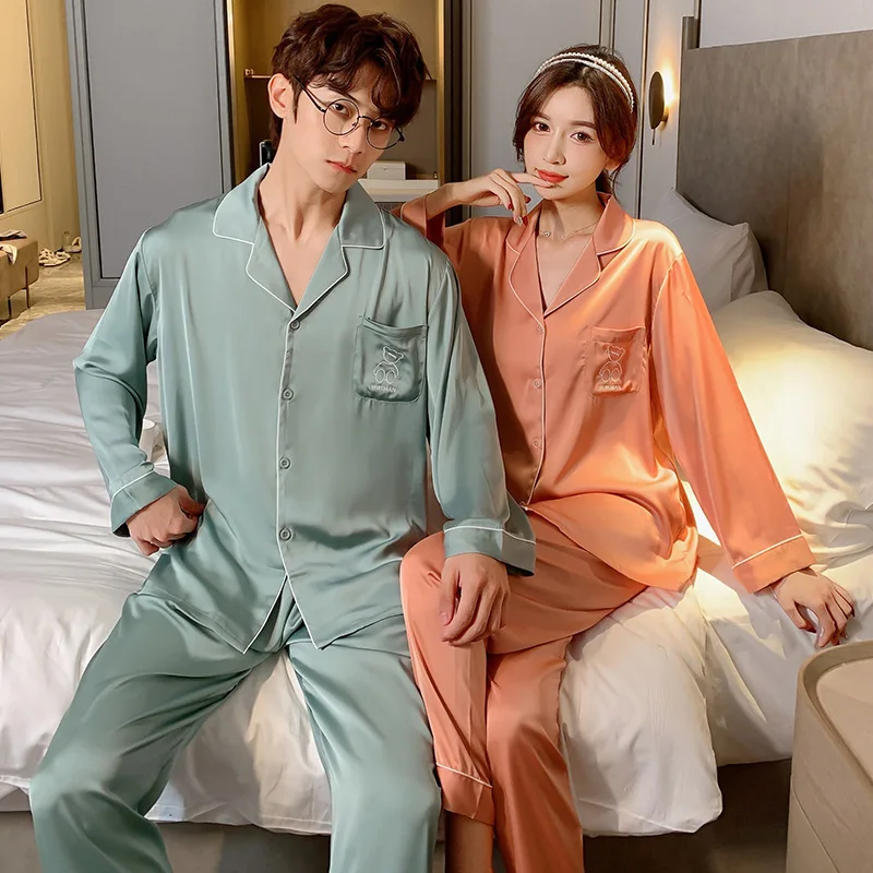 

Пижамы для пар на весну и осень из ледяного шелка с длинным рукавом большого размера домашняя Корейская мужская одежда мужская пижама для ж...