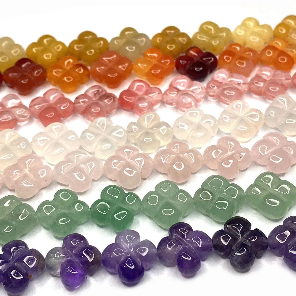 

14mm Four Petal Flower Shape Clover Natural Semi-precious stone loose beads strand flower Amethyst Rose Quartz Red Jade