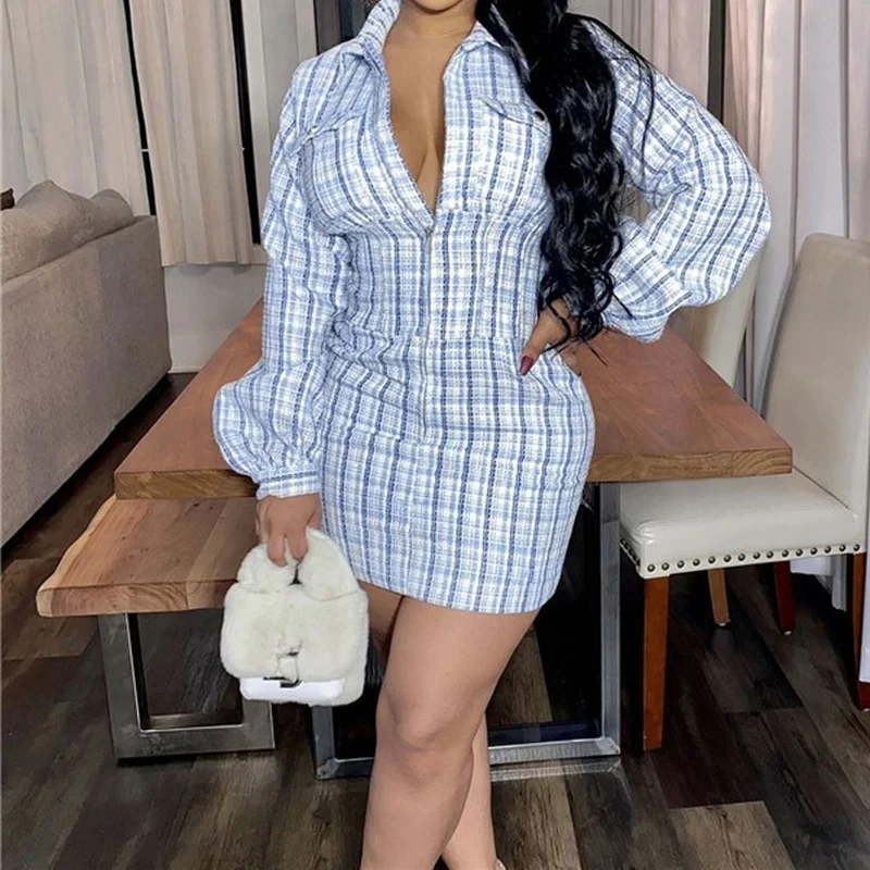 

Sweet Pink Blue Wrap Shirt Mini Dress Women Plaid Print Sexy Puff Long Sleeve Bodycon Dress New Spring Ladies 2021 Short Dresses