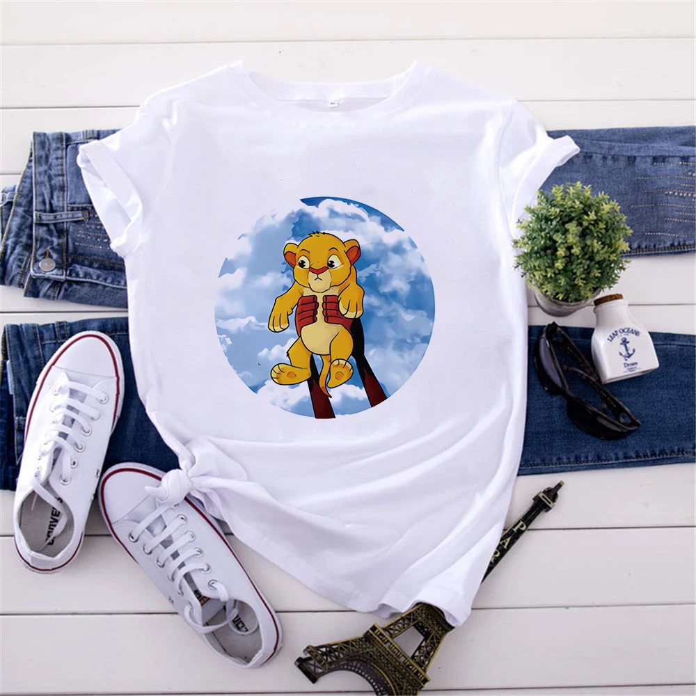 

New Fashion Women T Shirts Simba King Lion Printed Short Sleeve White Round Neck Girls Tshirts Ladies Harajuku Graphic Tee Tops