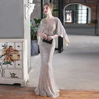 luxury glitter celebrity long dress wing sleeve 2022 sequined evening party dresses women shiny maxi mermaid night prom gowns