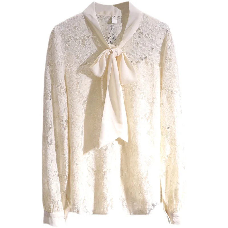 

Spring New 2021 Lace Women Blouse Bow Neck Long-Sleeved Loose Elegant Office Lady Pulls Outwear Tops