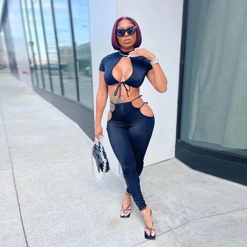 

Sexy Black 2 Piece Sets Fall 2021 Womens Fashion Bodycon Club Outfits Hollow Out Tie Up Crop Top Pants Suits Dropshipping