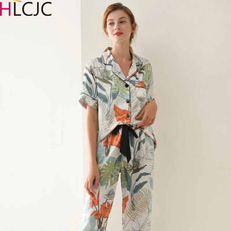 Женская шелковая пижама с коротким рукавом и принтом листьев летняя домашняя
