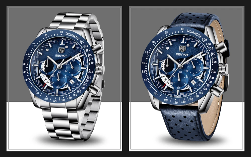 Мужские часы с хронографом BENYAR синие из нержавеющей стали мужские 2020 | Наручные