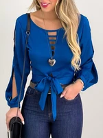 summer new fashion women sexy workwear blue casual blouse long sleeve boat neck bandage bow knot design tie front cut out top