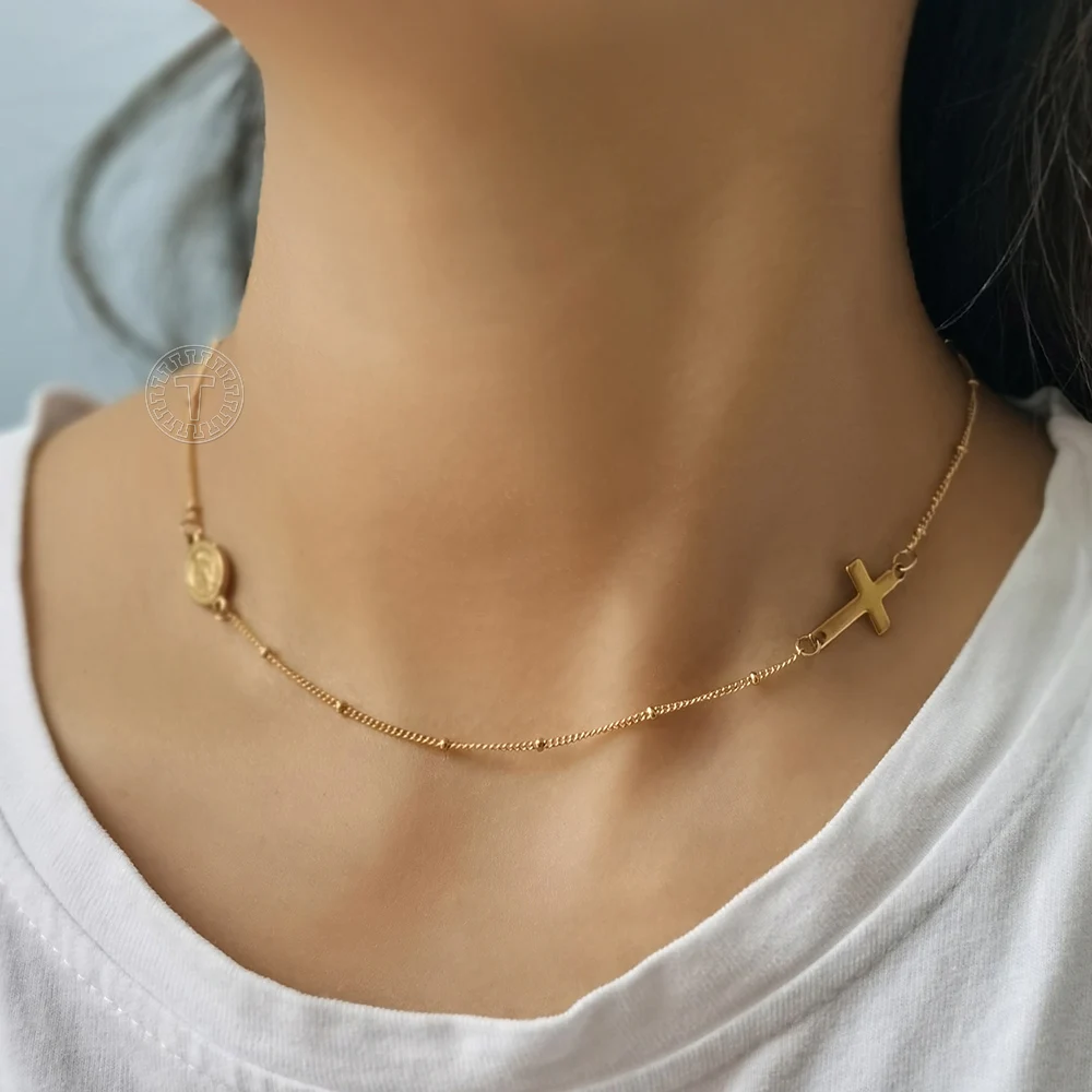 Крест Распятие Девы Марии кулон из бисера цепь колье нержавеющей стали Воротник