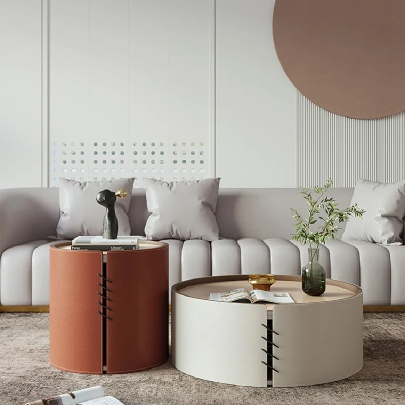 

Louis Fashion Modern simple living room creative saddle leather round tea table retro coffee table Nordic bedside table