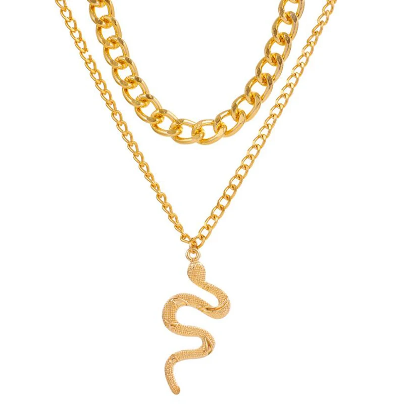 

Retro Multilayer Snake Pendant Chain Necklace For Women Trendy Gold Silver Color Big Thick Chain Necklaces 2021 Jewelry