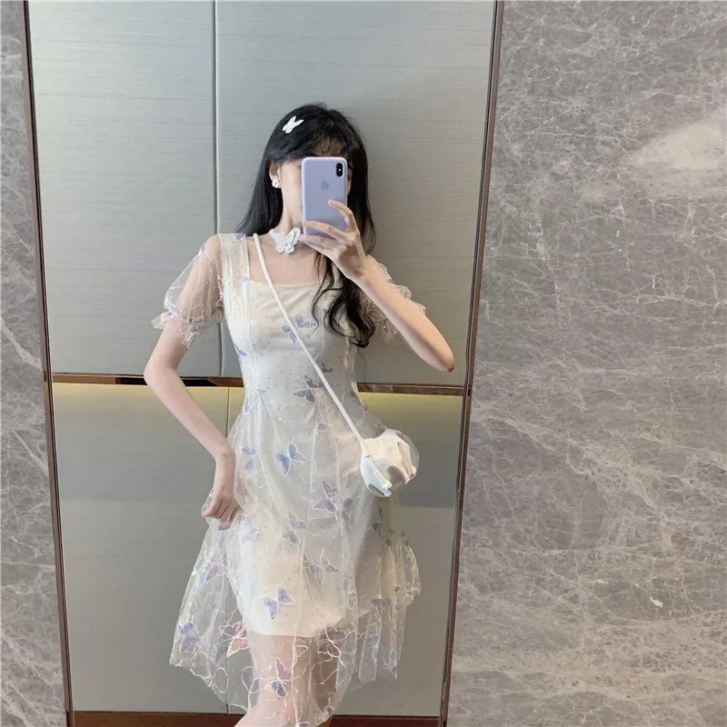 Элегантное платье с бабочками в Корейском стиле на лето милое квадратным вырезом