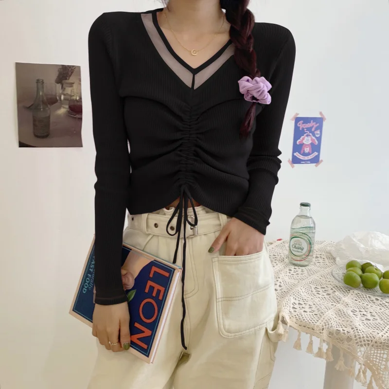

5 Colors Women Long Sleeve Strawstring Knitted Sweater Autumn 2020 Korean Slim Pure Color Jumpers Casual Pullover Black White