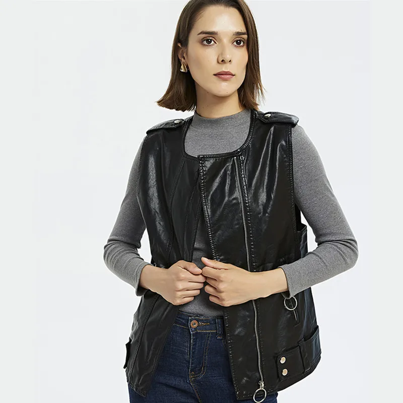 

Жилет женский из искусственной кожи, с круглым вырезом, на молнии