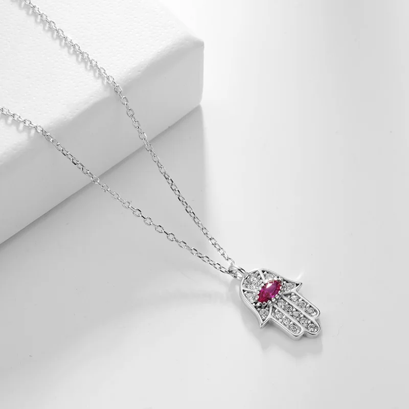 Boho Blue Eye Real 925 Sterling Silver Zircon Hamsa Hand of Fatima Necklace Lady Crystal Pendant Jewelry Choker Vintage Necklace