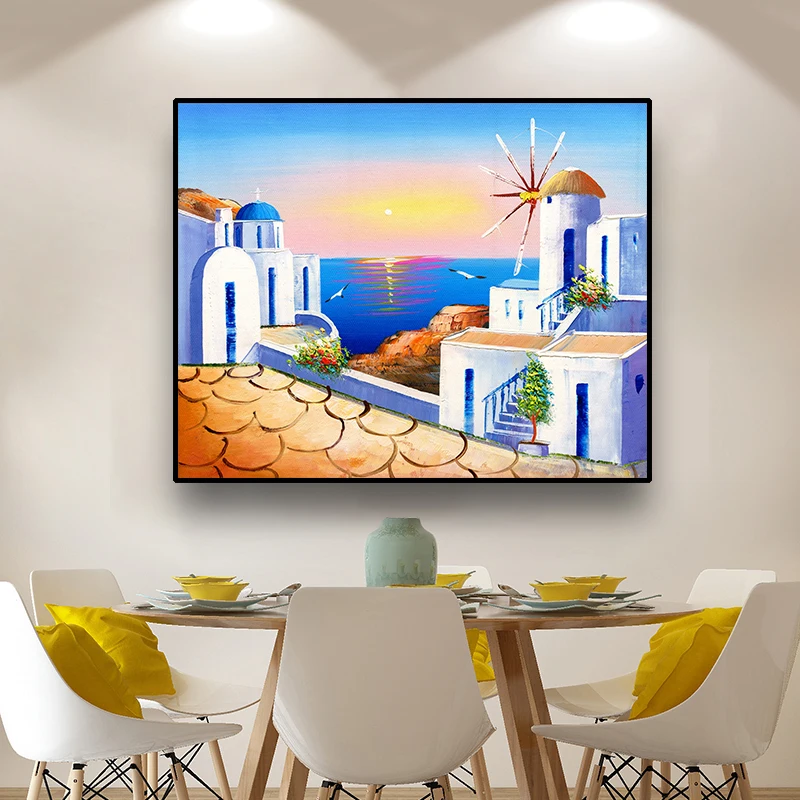 

Canvas Art Oil painting Greek style town Wall Decor Colorful Art Poster Picture Modern Home Decoration For Living room Office