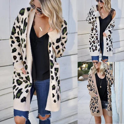 

Long sweater women's long sleeve double pocket leopard cardigan coat 2021 autumn winter