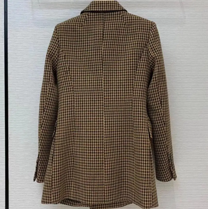 

New arrival vintage Houndstooth woolen blazer women notched double breasted office lady small suit