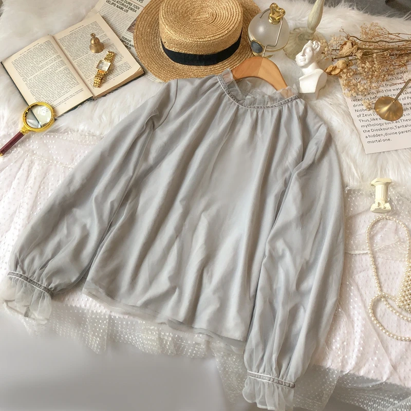 

Sleeveless Sweater Lace Trim Long Sleeve Tops Set Female Vintage Sweet Cat Moon Embroidery Vest high Collar Tee Blouse Women