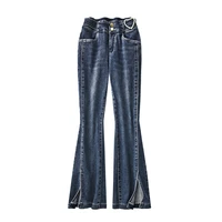 shuchan fasion flare pants 86 4 cotton jeans woman high waist ankle length split cotton elastic denim vintage skinny