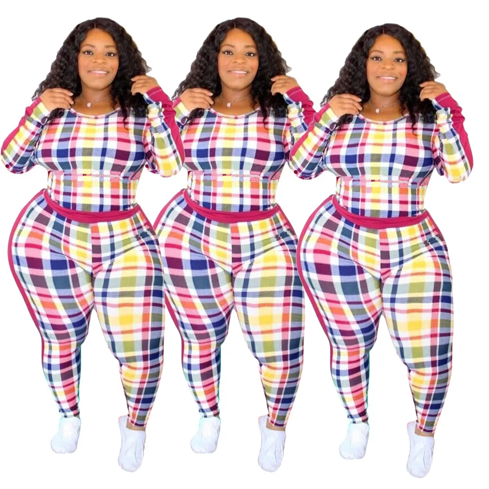 

Autumn Long Sleeve Two Pieces Tracksuits Women Plaid Printing O-Neck Skinny Tops High Waist Pencil Pants Sets For Streetwear