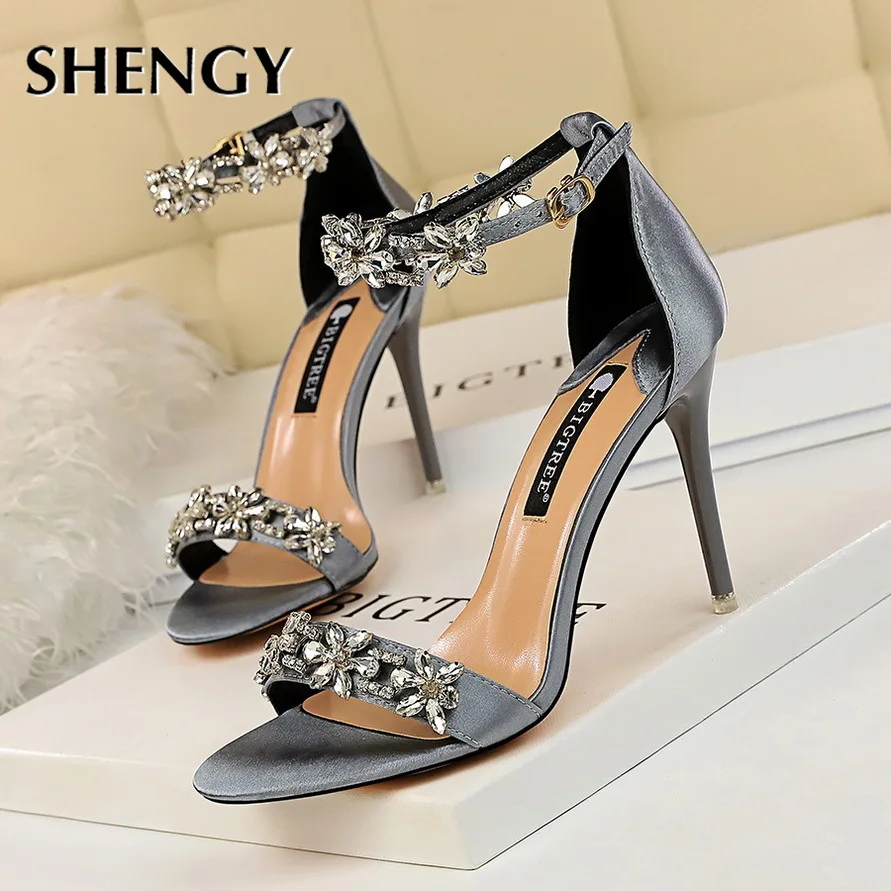

2020 New Women Summer Thin High Heels Crystal 9cm Peep Toe Gladiator Pumps Office Sandals Party Shoes