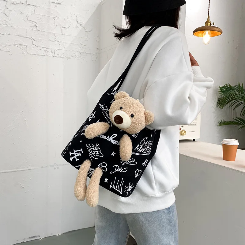 Холщовые сумки-тоуты с милым 3d-медведем Женская вместительная сумка-шоппер