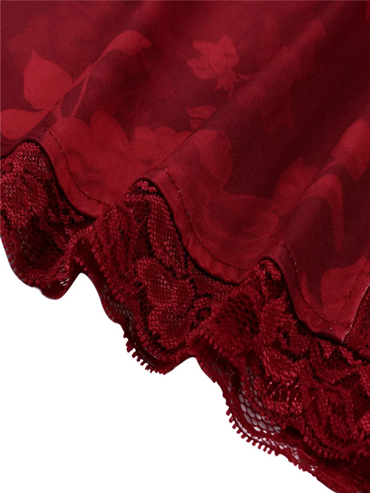 

Women Sexy Lace Trim Mini Dress Retro Floral Print Sleeveless Spaghetti Strap V-Neck High Waist Hem Slit Dress Nightclub