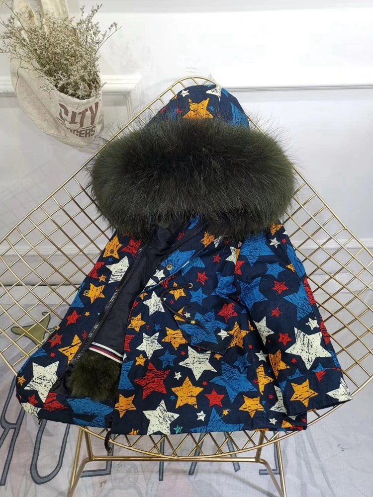 Children Winter Jacket Graffiti Boys Girls Real Fur Coat Thick Warm Rabbit Fur Kids Jacket Coat Furry Natural Fur Collar TZ428